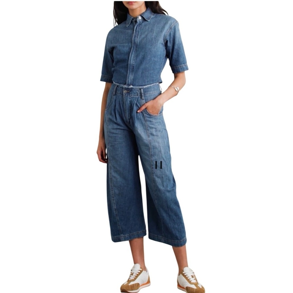 Rivet Utility New Yorker Denim Jumpsuit XS Blue Wide Leg Zip Front Short Sleeve